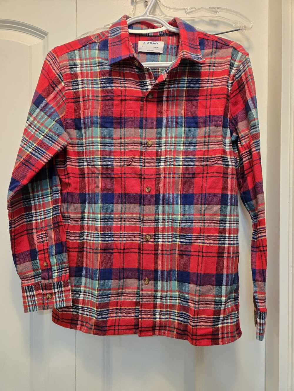 Old Navy Red Plaid Button-Down Shirt with Blue and Green Accents